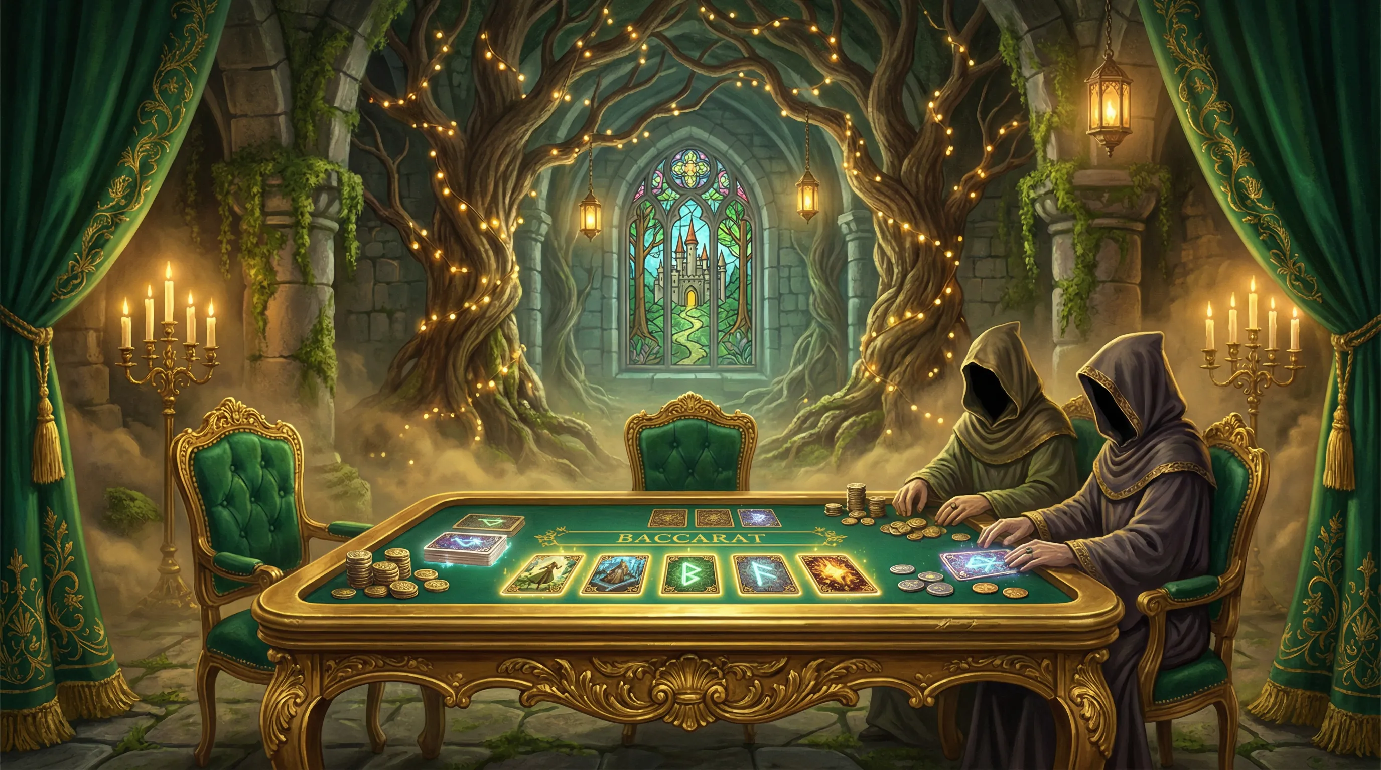 Mesa de bacará elegante com cartas douradas no Segurobet