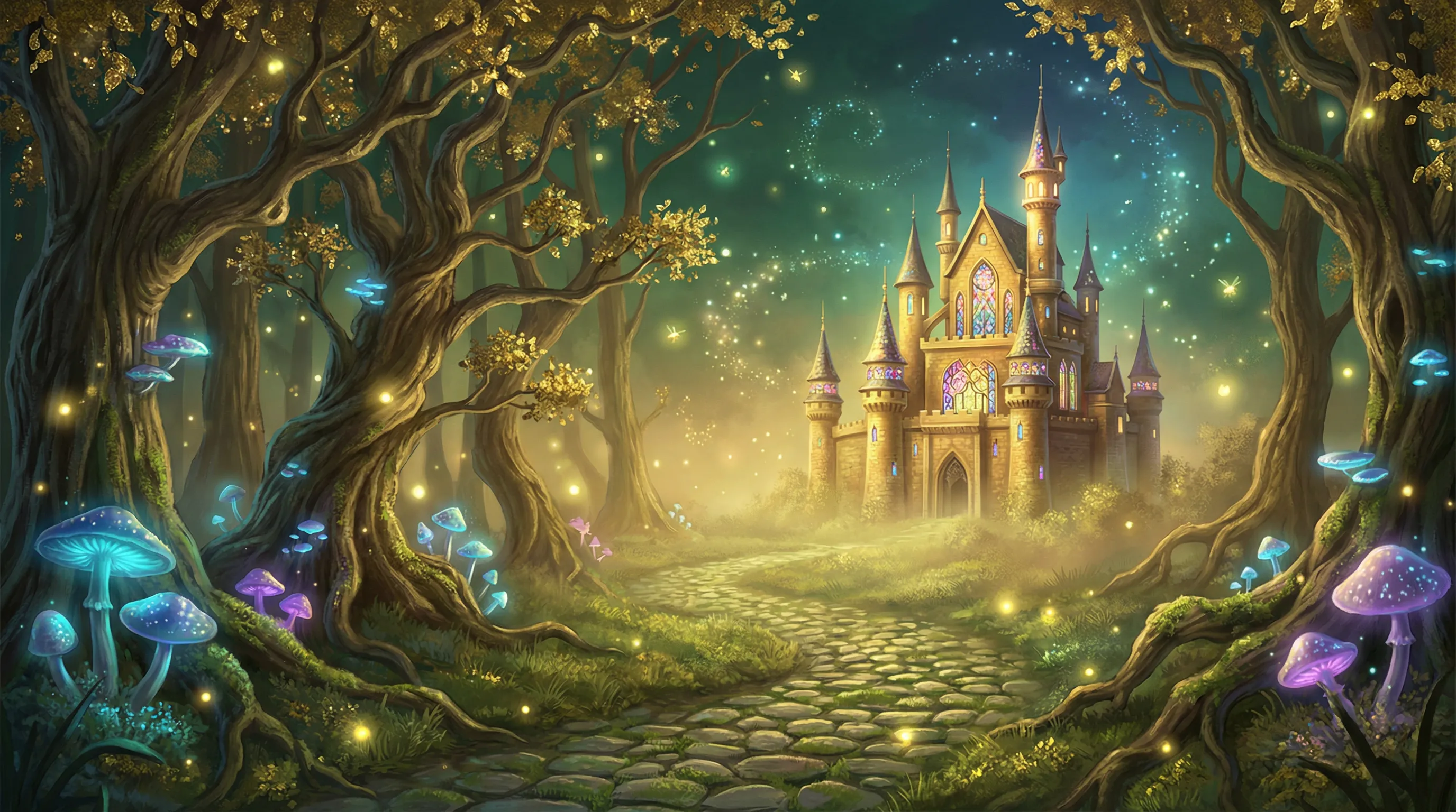 Floresta encantada do cassino Segurobet com castelo dourado